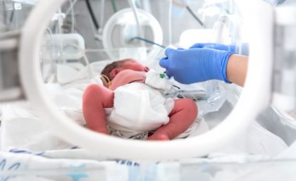 A pre-term baby lies in a humidi-crib while two blue gloved hands administer medicine. 